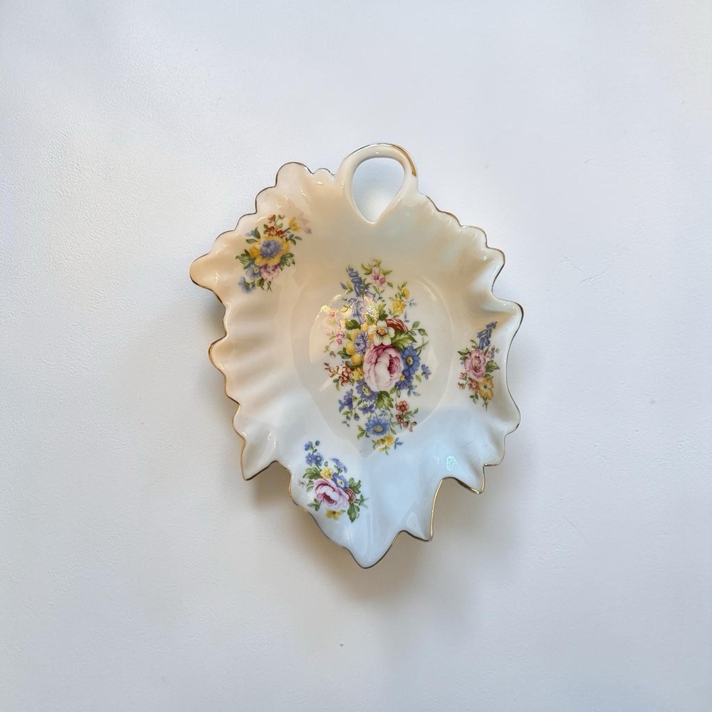 Antique Reflections I. Godinger Leaf Dish Floral  7.5" Plate Gold Trim